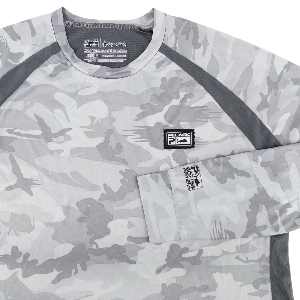 Pelagic Vaportek Mens Med Long Sleeve Performance Fishing Shirt Gray Camo UV UPF